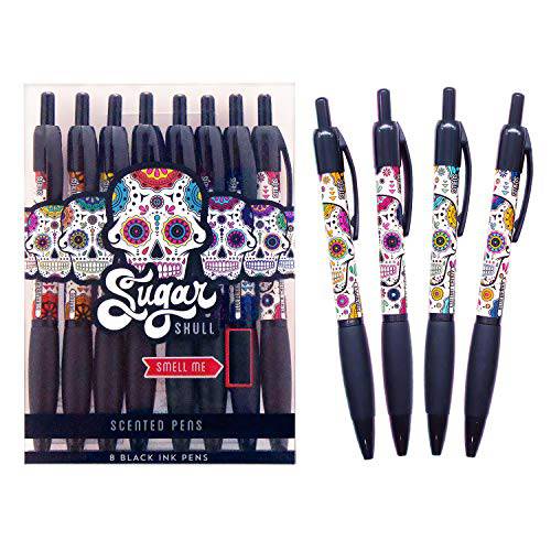 Scentco Sugar Skull Smens - 향기로운 Pens 펜, Black 젤 잉크, 미디엄 중간심, Black 체리 & 딸기 - 8 Count