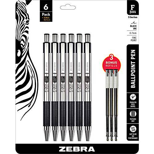 Zebra F-301 볼펜 스테인레스 스틸 개폐식 펜,  파인포인트팁, 가는 심, 가는 촉, 0.7mm, 블랙 잉크, 콤보 팩 of 6 블랙 잉크 메탈 펜 3 블랙 잉크 리필용, 0.7mm 파인포인트팁, 가는 심, 가는 촉 펜 .7 mm F-301 펜 리필