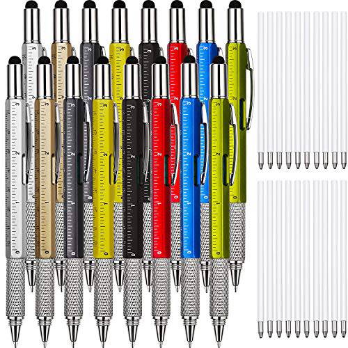 16 피스 선물 펜 툴 펜 6 in 1 다용도도구 Tech 툴 펜 자, Levelgauge,  볼펜 and 펜 리필용, 독특한 선물 남성용 (Multi-color)
