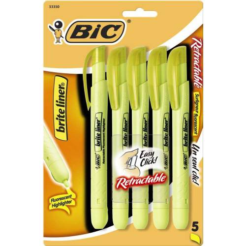 BIC  브라이트 라이너 개폐식 형광펜,하이라이터,  형광펜팁, 형광펜촉, 누운촉, 누운팁, Yellow, 5-Count