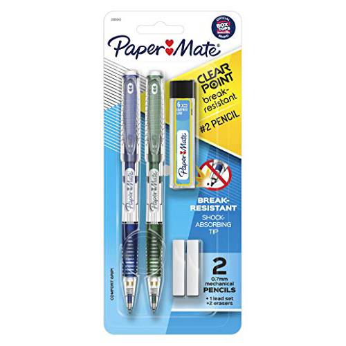 Paper Mate  클리어포인트 Break-Resistant 샤프, HB 2 심 (0.7mm), 2 연필 (다크 블루 and 다크 그린), 1 심 리필 세트, 2 지우개