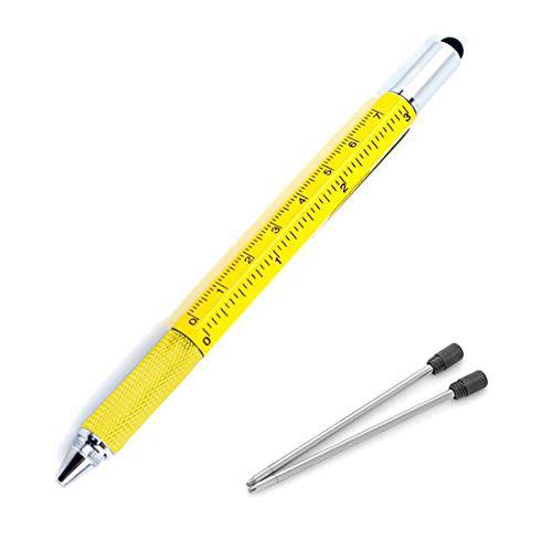 다기능,멀티 툴 펜, 6 in 1 툴  볼펜, 터치 스크린 스타일러스, 자, 스피릿 레벨, Flat-head and 필립스 드라이버, All-in-One Tech-Tool 펜 잉크 리필용 ( Yellow+ 2×Refills)
