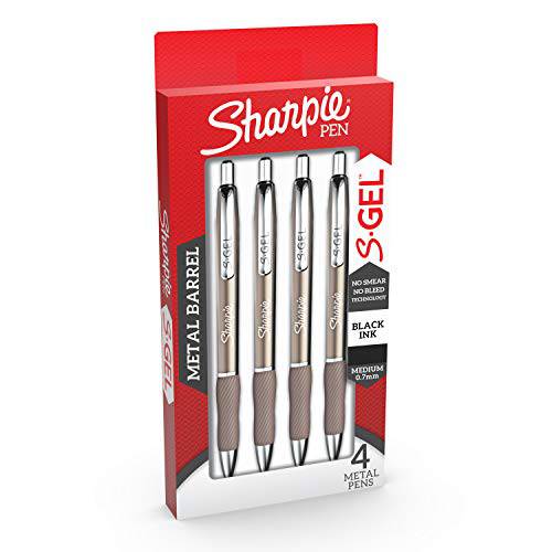 Sharpie S-Gel,  젤펜, 잉크펜, 매끄러운 메탈 배럴, 샴페인, 미디엄 포인트 (0.7mm), 블랙 잉크, 4 Count