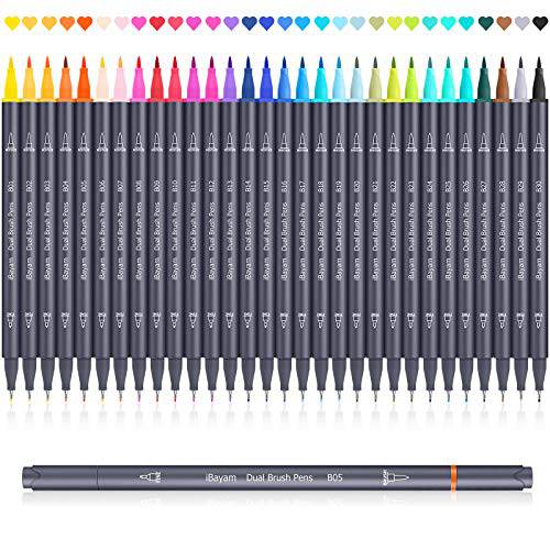 iBayam  듀얼 브러쉬 펜 30 Vibrant-Color 브러쉬 팁& Fineliner 아트 마커 컬러 펜 일기,저널 노트 필기 플래너, 다이어리 캘리그라피,켈리그라피 드로잉 사무실,오피스 학교 도구, 컬러링 마커 성인 컬러링