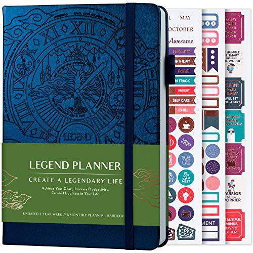 Legend Planner - 디럭스 위클리&  먼슬리 Life 플래너, 다이어리 to 달성 Your 목표달성&  라이브 Happier. 오거나이저,수납함,정리함 노트북&  생산성 저널,일기,일지. A5 하드커버,  날짜가적히지않은 - 시작 Any 시간+ Stickers-Viridian 그린 골드
