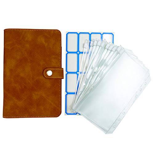 12pcs 클리어 플라스틱 바인더 봉투 PU 가죽 노트북 바인더,  통잎 백 예산 봉투 시스템 (브라운)