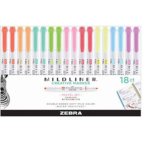 Zebra 마일드라이너 형광펜, 더블 Ended 형광펜,하이라이터, 넓은 And 파인,가는 팁, 파스텔 컬러 Midliner 펜, 18 팩, 78118ELG