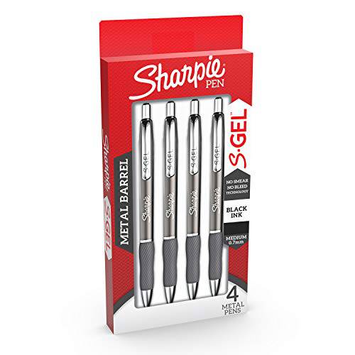 Sharpie S-Gel,  젤펜, 잉크펜, 매끄러운 메탈 배럴, 건메탈, 미디엄 포인트 (0.7mm), 블랙 잉크, 4 Count