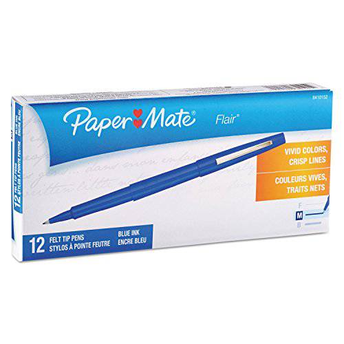 PaperMate 8410152 Flair 미디엄 펠트 팁 스틱 펜, 블루 Ink.7mm, 12