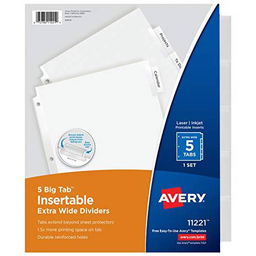 Avery(R) Worksaver(R) Extra-Wide™ 삽입가능 탭 재활용 디바이더, 5-Tab, 클리어