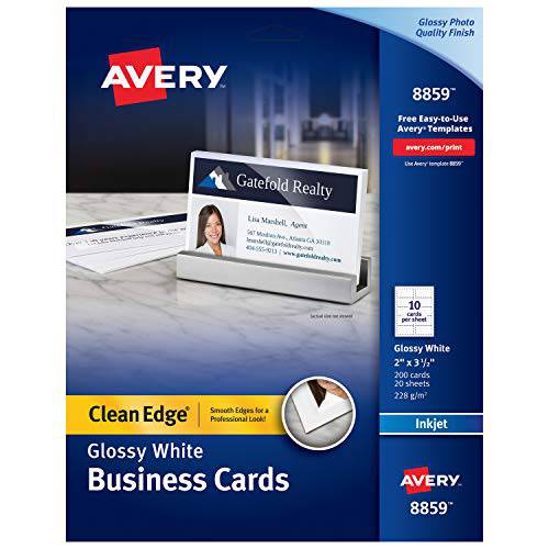 Avery 인쇄가능 명함, 잉크젯 프린터, 200 카드, 2 x 3.5, 클린 엣지, Heavyweight, 글로시 (8859), 화이트