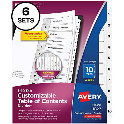 Avery 10 탭 디바이더 3 링 바인더, 맞춤형 테이블 of Contents, 클래식 화이트 탭, 6 세트 (11823)