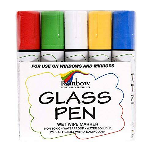 글래스 펜 리퀴드 페인트 마커: 레드, Yellow, 블루, 그린, 화이트 5 팩 점보 - 글래스 필기 펜 and 페인팅 마커 세척가능, 지워지는 잉크