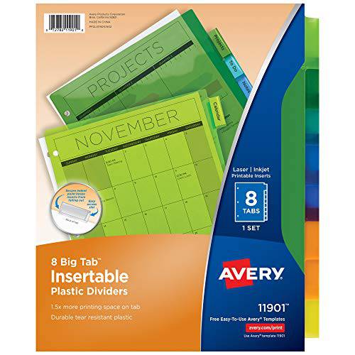 Avery 큰 탭 삽입가능 플라스틱 디바이더, 8 다양한색 탭, 케이스 팩 of 24 세트 (11901)