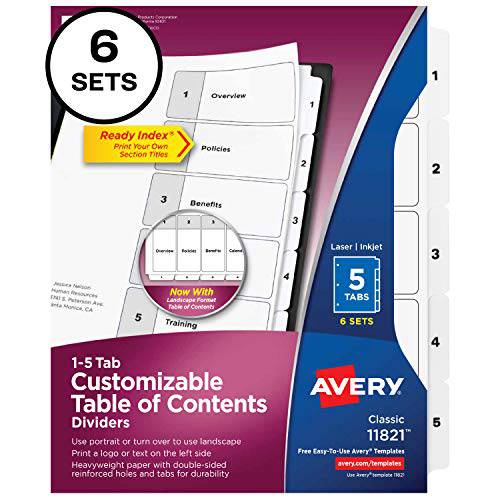 Avery 5-Tab 디바이더 3-ring 바인더, 맞춤형 테이블 of Contents, 클래식 화이트 탭, 6 세트 (11821)