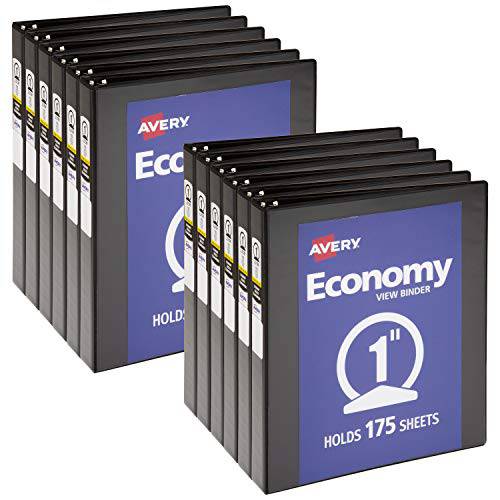 Avery 1 인치 Economy 뷰 3 링 바인더, 라운드 링, Holds 8.5 x 11 용지,종이, 12 블랙 바인더 (05710)