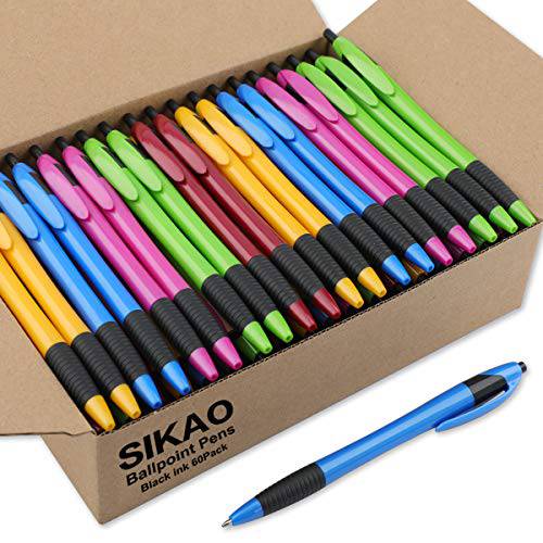 SIKAO 펜 벌크, 대용량, Gripped Slimster 개폐식 볼펜 미디엄 포인트 블랙 잉크 새지않는, 똥 안나오는 펜 (혼합 60Pack)