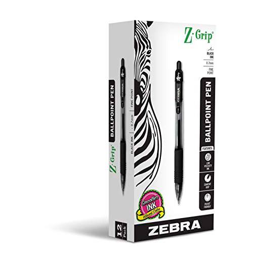 Zebra 펜 Z-Grip 개폐식 볼펜,  파인포인트팁, 가는 심, 가는 촉, 0.7mm, 블랙 잉크, 12-Pack