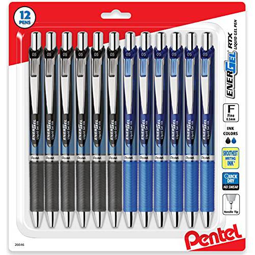 Pentel Energel 0.5 mm 바늘 팁 펜, Rtx 개폐식 리퀴드 젤펜, 잉크펜, 12 팩 Of 6 블랙 잉크& 6 블루 잉크 펜 (Total Of 12 디럭스 펜 In 박스)