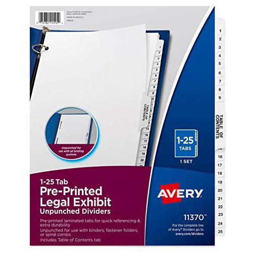 Avery 프리미엄 분류 법정 Exhibit 디바이더,양각기,분할기 세트, Avery 스타일, 1-25 and 테이블 of Contents, 사이드 탭, 8.5 x 11 인치, 1 세트 (11370), 화이트