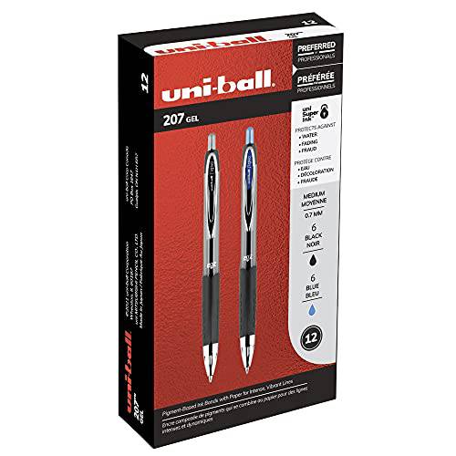 Uniball 시그노 207 개폐식 젤펜, 잉크펜 - 미디엄 포인트 - 6 블랙 6 블루 잉크 펜 (Total of 12 펜)