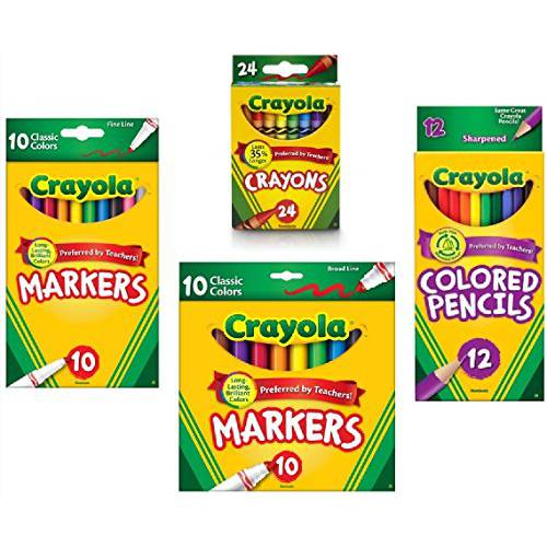 Crayola 크레용,크레파스 (24 Count), Crayola 색연필 in 다양한 컬러 (12 Count), Crayola (10ct) 클래식 잔주름 마커, and Crayola (10ct) 클래식 넓은 라인 마커 홀리데이 번들,묶음