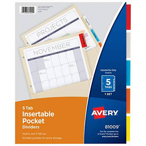 Avery 삽입가능 디바이더 포켓, Manila 용지,종이, 5 다양한색 탭, 1 세트 (81009)