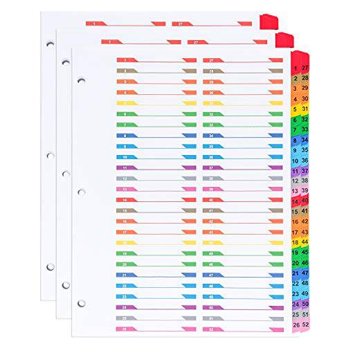 아마존 Basics 52-Tab 용지,종이 바인더 디바이더,양각기,분할기, 번호달린, Multi-Color, 3 세트