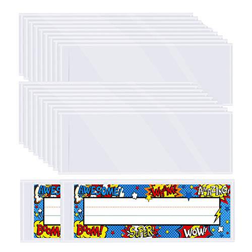 Meetory 50 피스 투명 네임플레이트 포켓 Self-Adhesive 클리어 PVC 뷰 명함 태그 커버 교실 데스크,  사무용품, 13.5 x 4.9 인치
