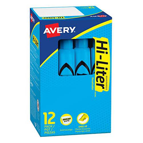 Avery Hi-Liter Desk-Style 형광펜, 번짐 세이프 잉크,  형광펜팁, 형광펜촉, 누운촉, 누운팁, 12 라이트 블루 형광펜 (07746)