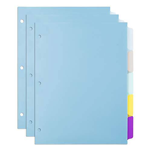 아마존 Basics 5-Tab 플라스틱 바인더 디바이더, 쓰기가능 다양한색 탭, 3 팩