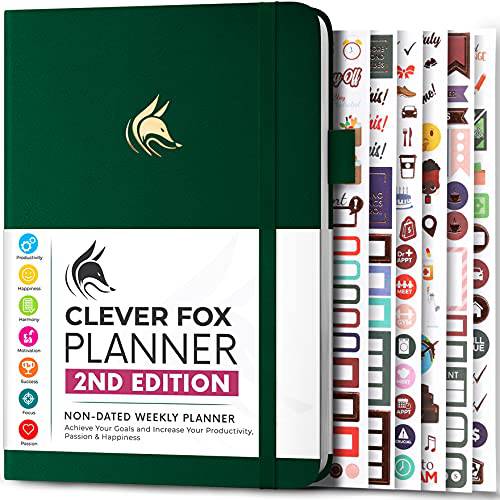 Clever Fox 플래너, 다이어리 2nd 에디션  Colorful 위클리&  먼슬리 목표 세팅 플래너, 다이어리, 습관 트래커, 타임 관리 and 생산성 오거나이저,수납함,정리함, 감사 저널,일기,일지, 날짜가적히지않은, A5, 지속 1 Year  Forest G