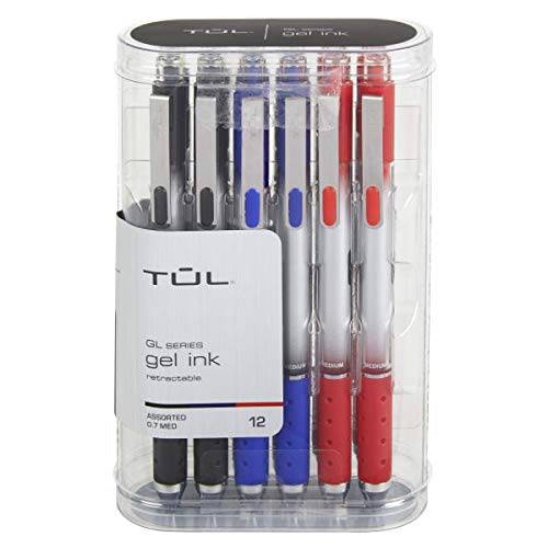 TUL 개폐식 젤펜, 잉크펜, 미디엄 포인트, 0.7 mm, 실버 배럴, 다양한 비지니스 잉크, 팩 of 12 펜