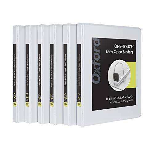 옥스퍼드 3 링 바인더, 0.5 인치 ONE-Touch 간편 오픈 D 링, 뷰 바인더 커버 on 3 Sides, 듀러블 힌지, Non-Stick, PVC-Free, 화이트, 6 팩 (79902)