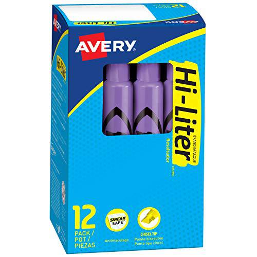 Avery Hi-Liter Desk-Style 형광펜, 번짐 세이프 잉크,  형광펜팁, 형광펜촉, 누운촉, 누운팁, 12 형광 퍼플 형광펜 (24060)