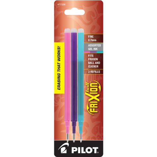 PILOT FriXion 젤 잉크 리필용 지워지는 펜,  파인포인트팁, 가는 심, 가는 촉, 핑크/ 퍼플/ Turquoise 잉크, 3-Pack (77336)