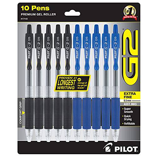 PILOT G2 펜 .5 mm - 10 팩 (5 블랙 and 5 블루 G2 펜 포함) 프리미엄 젤 잉크 펜 엑스트라 파인포인트팁, 가는 심, 가는 촉 0.5 mm 리필가능&  개폐식 롤링 볼,