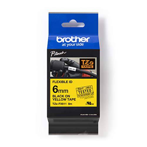 Brother TZe-FX611 라벨링 테이프 카세트, 블랙 on Yellow, 6 mm (w) x 8 m (L), 플렉시블 ID, Brother 정품 도구