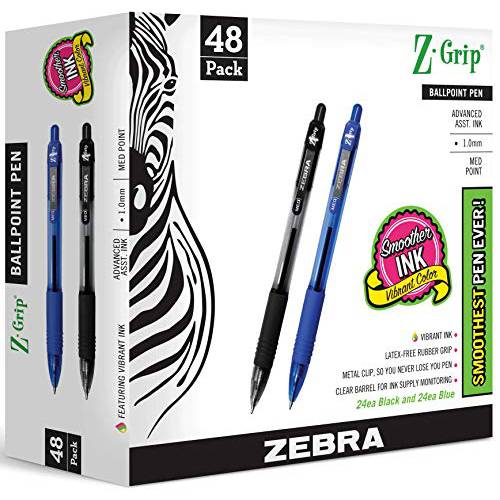 ZEBRA 펜 벌크, 대용량 팩 of 48 잉크 펜, Z-Grip 개폐식 볼펜 미디엄 포인트 1.0 mm, 24 블랙 펜& 24 블루 펜 콤보 팩