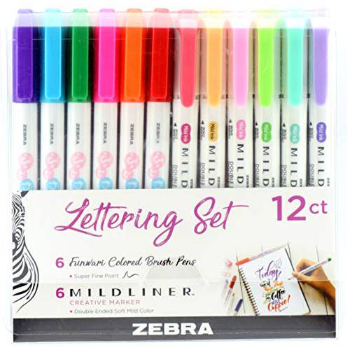 Zebra 펜 각인 세트, 포함 6 마일드라이너 형광펜 and 6 슈퍼 파인,가는 브러쉬 펜, 다양한 컬러, 12 팩