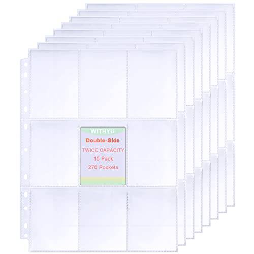 270 포켓 트레이딩 카드 커버, Double-Sided 9 포켓 페이지 보호, Ultra-Transparent 카드 시트 3 링 바인더, 카드 커버 Pokemon/ 유희왕/ MTG 카드, 야구 카드
