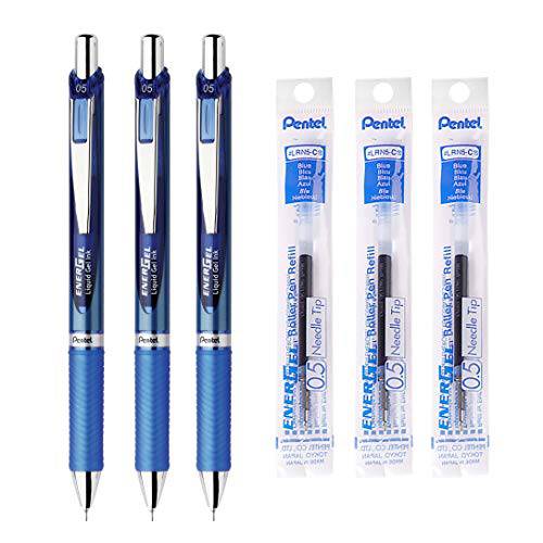 펜tel Energel 디럭스 RTX 개폐식 리퀴드 젤펜, 잉크펜 - 0.5mm - 잔주름 바늘 팁 블루 잉크 - 블루 바디 타입 - 3 펜S& 3 펜S 리필용 밸류 세트