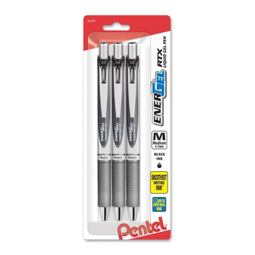 Pentel® EnerGel® 디럭스 RTX 젤펜, 잉크펜, 미디엄 포인트, 0.7 mm, 다양한 배럴, 블랙 잉크, 팩 of 3