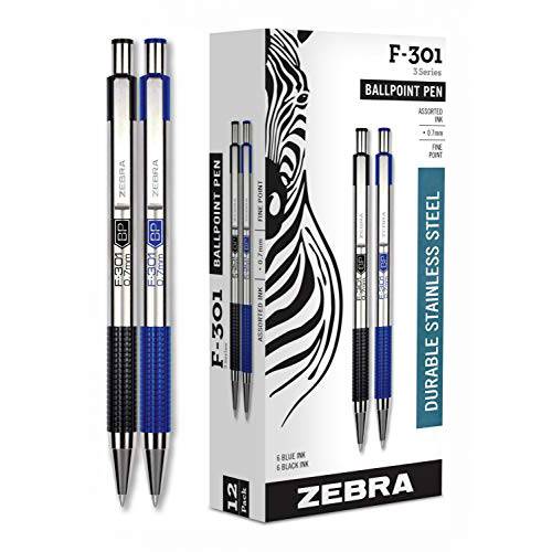 Zebra 펜 파인포인트팁, 가는 심, 가는 촉 F 301, 벌크, 대용량 콤보 팩 of 6 블랙 잉크& 6 블루 잉크 메탈 펜 (Total of 12 펜), 볼펜 스테인레스 스틸 개폐식 0.7mm 파인포인트팁, 가는 심, 가는 촉 잉크 펜 (27100)