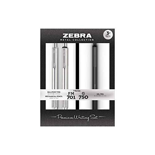 Zebra 펜 G-750 개폐식 젤펜, 잉크펜, F-701 and M-701 개폐식 펜/ 펜슬 선물 세트, 프리미엄 메탈 배럴, 미디엄/ 파인,가는 포인트, 0.7mm/ 0.8mm, 3-Pack (10513)