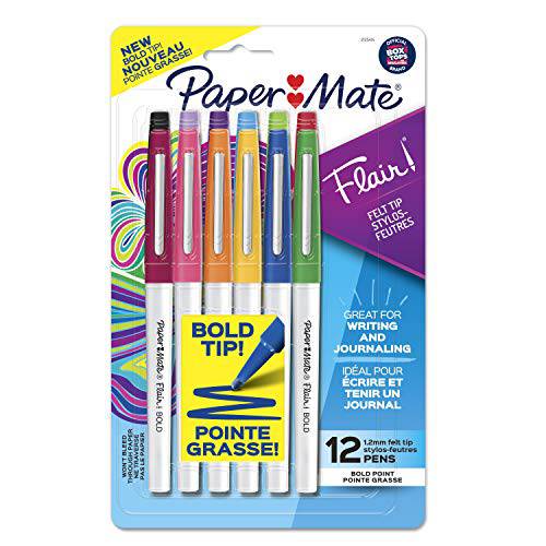 PaperMate Flair 펠트 팁 펜, 볼드,진한 팁 (1.2 mm), 다양한 컬러, 12 Count