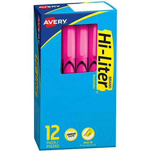 Avery Hi-Liter Pen-Style 형광펜, 번짐 세이프 잉크,  형광펜팁, 형광펜촉, 누운촉, 누운팁, 12 형광 핑크 형광펜 (23592)
