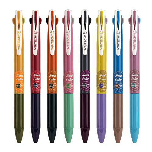 Writech 다양한색 파인포인트팁, 가는 심, 가는 촉 젤 Pen:0.5mm 컬러 펜 8 팩 2 in 1 펜 다양한 빈티지 잉크 일기,저널 필기 Notetaking 스케치 새지않는, 똥 안나오는&  번짐& Smudge