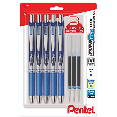 Pentel EnerGel 리퀴드 젤 잉크 펜 0.7 mm - 팩 of 5 블루 디럭스 RTX Energel 펜 3 리필용