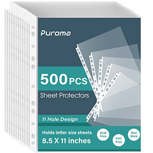 Puroma 500 팩 클리어화일속지, 속지, 시트 프로텍터, 파일 속지, 11 홀 클리어 헤비듀티 페이지 프로텍터, Fits 스탠다드 8.5 x 11 인치, 탑 Loading 용지,종이 보호, 플라스틱 커버 바인더